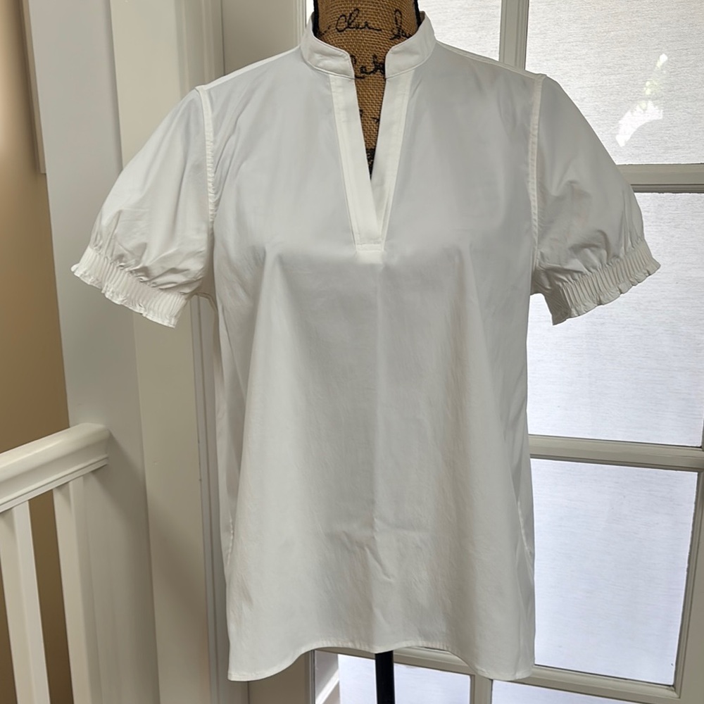 Athleta White Mandarin Collar Blouse Short Sleeve Relaxed
